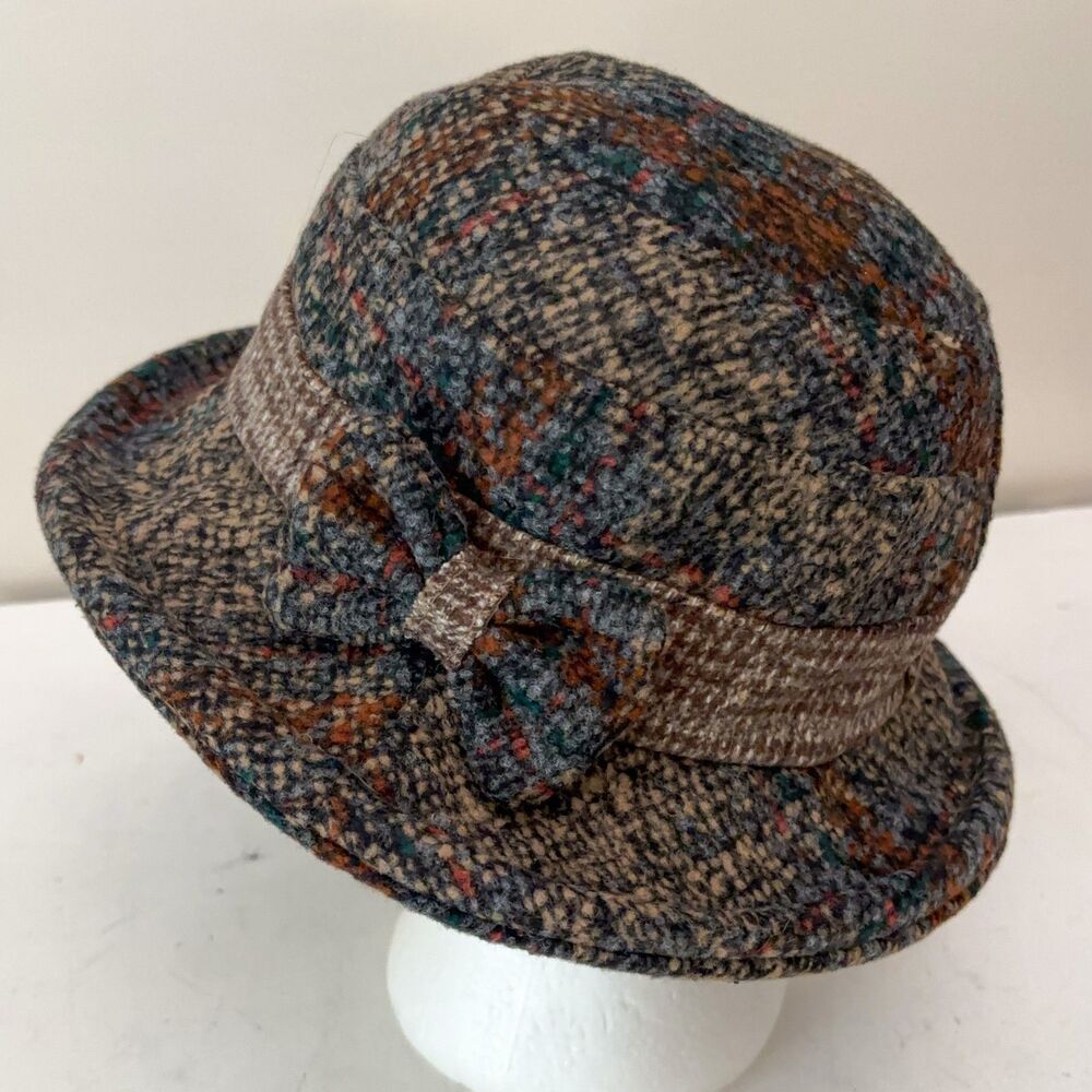 Womens Brown Tweed Knit Fedora w/ Matching Bow Ribbon Retro Academia Fall